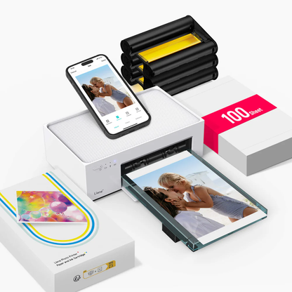 LIENE - Amber M100 - 4x6 Inch Bluetooth Photo Printer - Incl. 100 Sheets & 3 Ink Cartridges - Without Battery