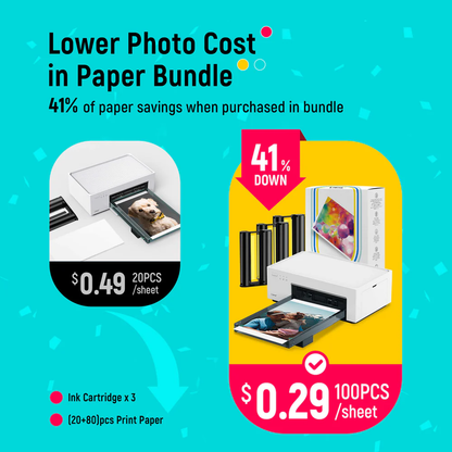 LIENE - Amber M100 - 4x6 Inch Bluetooth Photo Printer - Incl. 100 Sheets & 3 Ink Cartridges - Without Battery