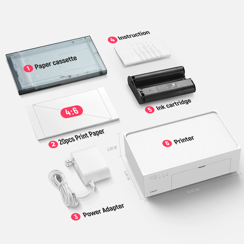 LIENE - Amber M200 - 4x6 Inch Bluetooth Photo Printer - Incl. 20 Sheets & 1 Ink Cartridge - With Battery