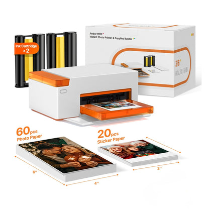 LIENE - Amber M110 - 4x6 Inch Bluetooth Photo Printer - Incl. 60 x 4x6 Inch Sheets, 20 x 3x3 Inch Sheets & 2 Ink Cartridges - Without Battery