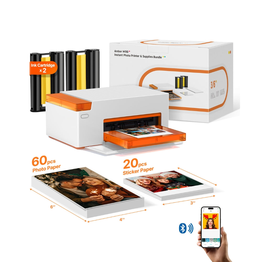 LIENE - Amber M110 - 4x6 Inch Bluetooth Photo Printer - Incl. 60 x 4x6 Inch Sheets, 20 x 3x3 Inch Sheets & 2 Ink Cartridges - Without Battery