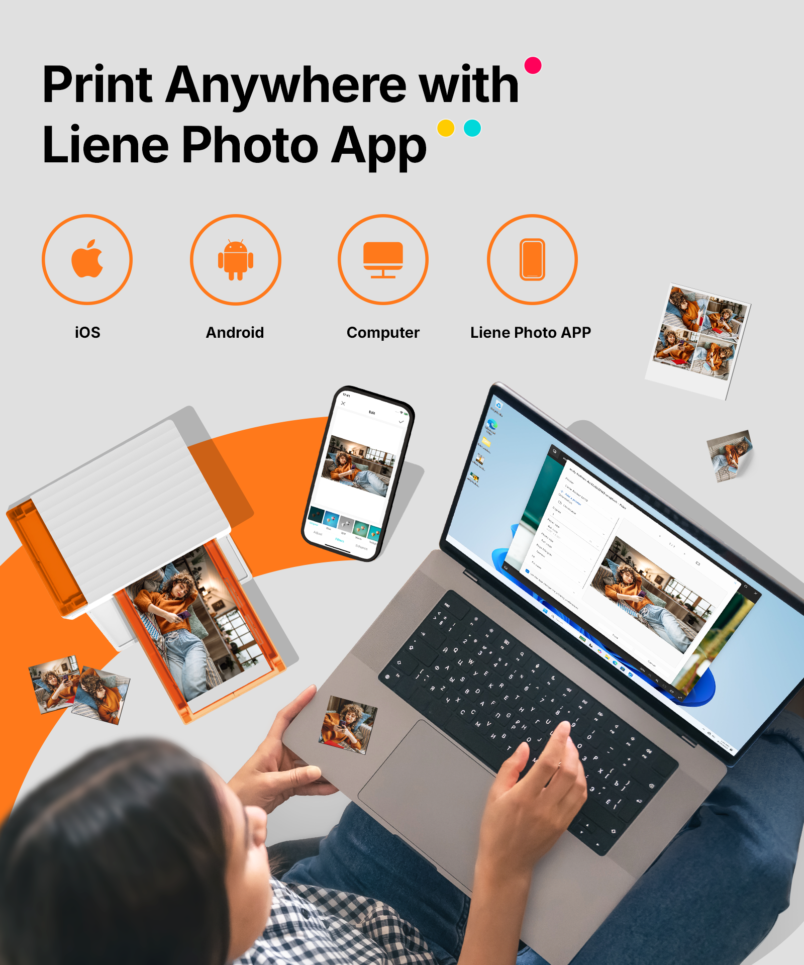 LIENE - Amber M110 - 4x6 Inch Bluetooth Photo Printer - Incl. 60 x 4x6 Inch Sheets, 20 x 3x3 Inch Sheets & 2 Ink Cartridges - Without Battery