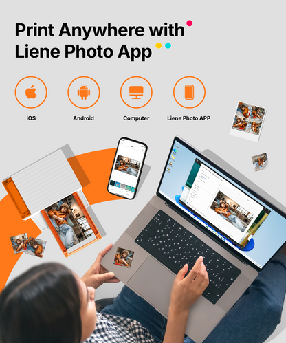 LIENE - Amber M110 - 4x6 Inch Bluetooth Photo Printer - Incl. 60 x 4x6 Inch Sheets, 20 x 3x3 Inch Sheets & 2 Ink Cartridges - Without Battery