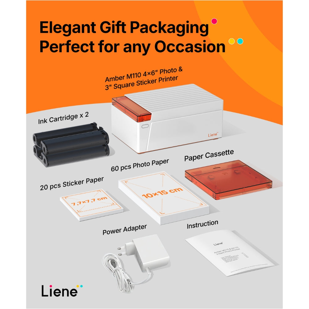 LIENE - Amber M110 - 4x6 Inch Bluetooth Photo Printer - Incl. 60 x 4x6 Inch Sheets, 20 x 3x3 Inch Sheets & 2 Ink Cartridges - Without Battery