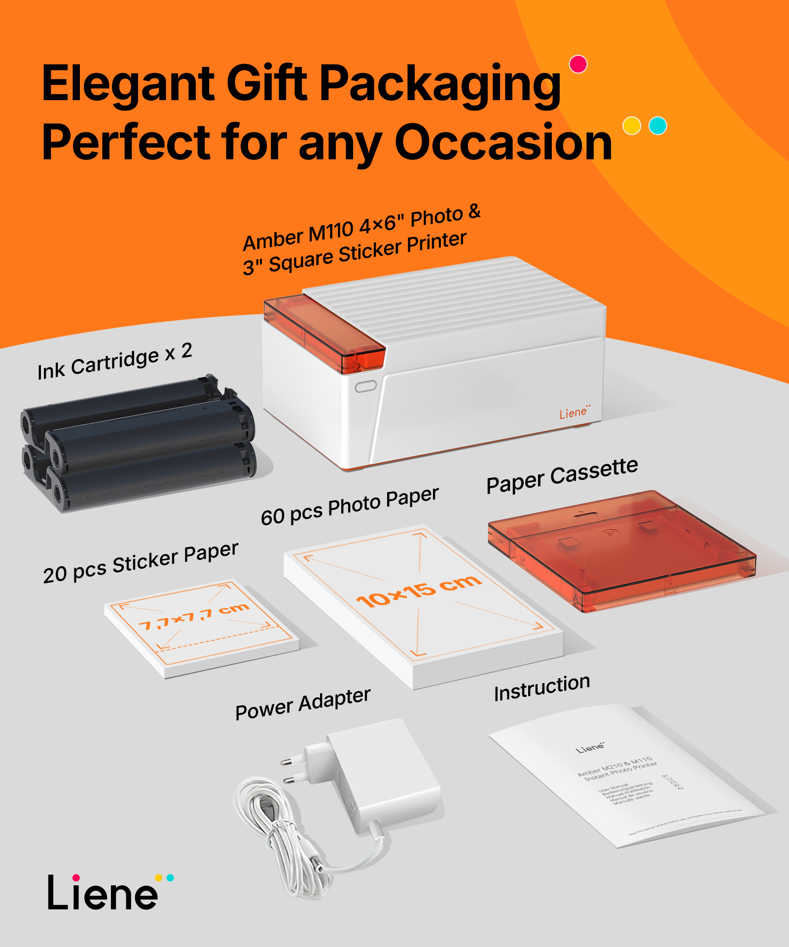 LIENE - Amber M110 - 4x6 Inch Bluetooth Photo Printer - Incl. 60 x 4x6 Inch Sheets, 20 x 3x3 Inch Sheets & 2 Ink Cartridges - Without Battery