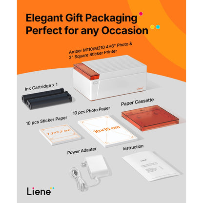 LIENE - Amber M210 - 4x6 Inch Bluetooth Photo Printer - Incl. 10 x 4x6 Inch Sheets, 10 x 3x3 Inch Sheets & 1 Ink Cartridge - With Battery