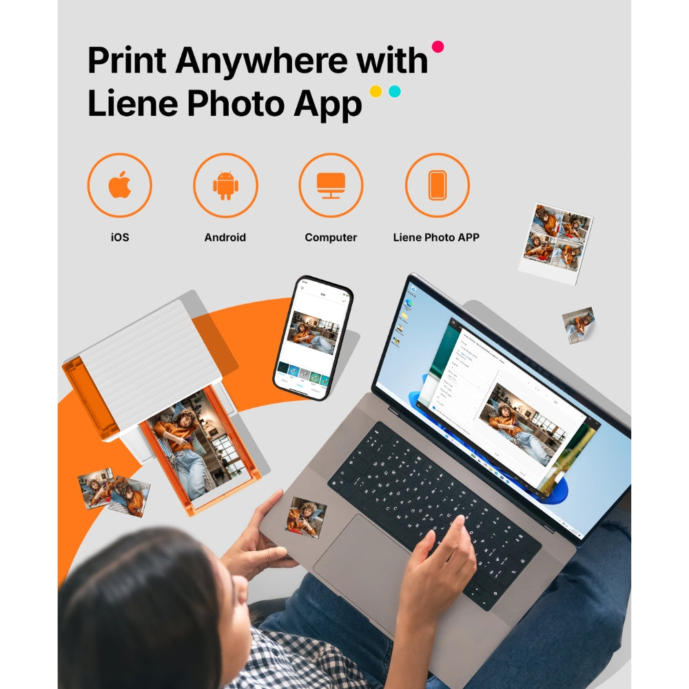LIENE - Amber M210 - 4x6 Inch Bluetooth Photo Printer - Incl. 10 x 4x6 Inch Sheets, 10 x 3x3 Inch Sheets & 1 Ink Cartridge - With Battery