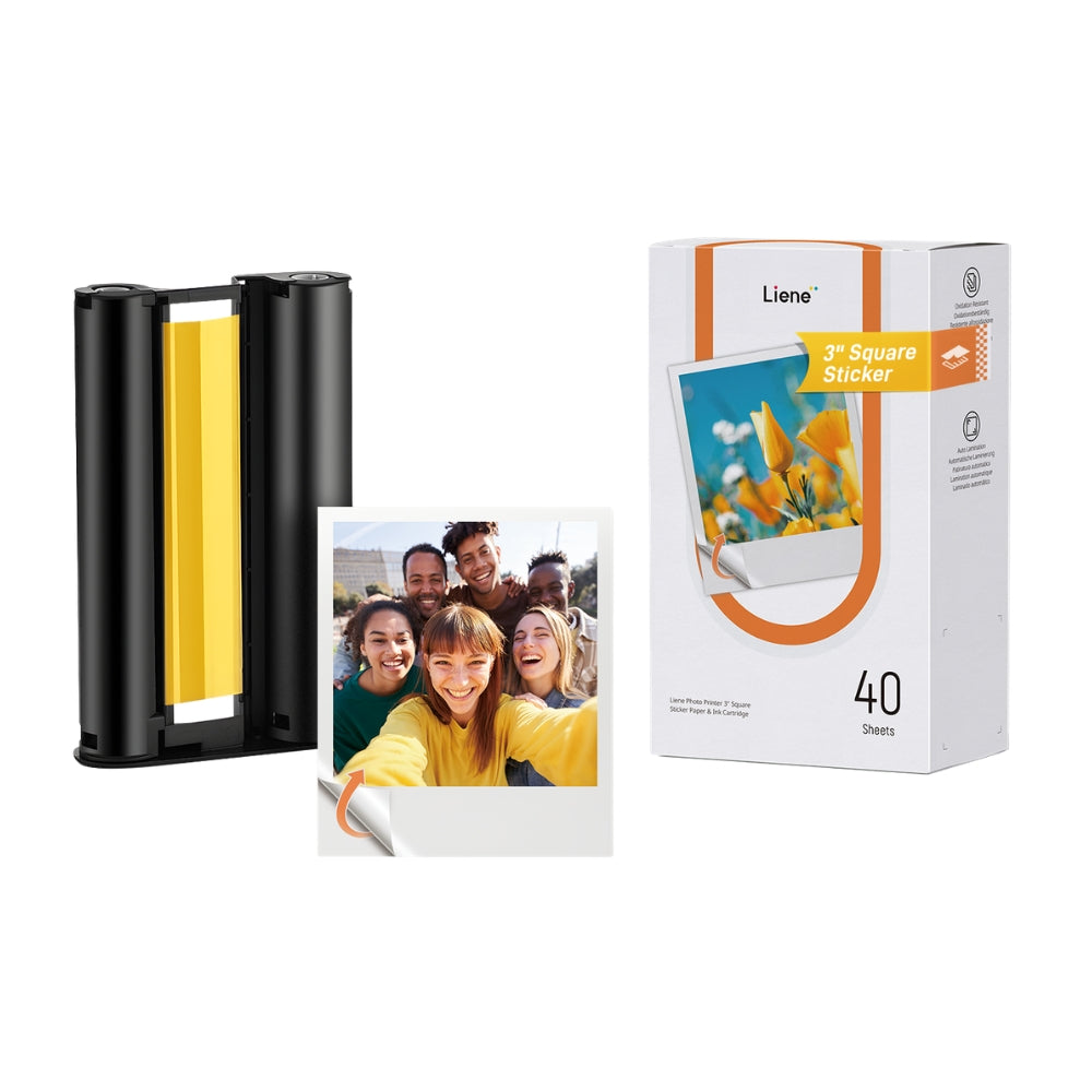 LIENE - Amber - 3x3 Inch Sticky Photo Paper & Ink Cartridge Refill Pack - 40 Sheets & 1 Ink Cartridge