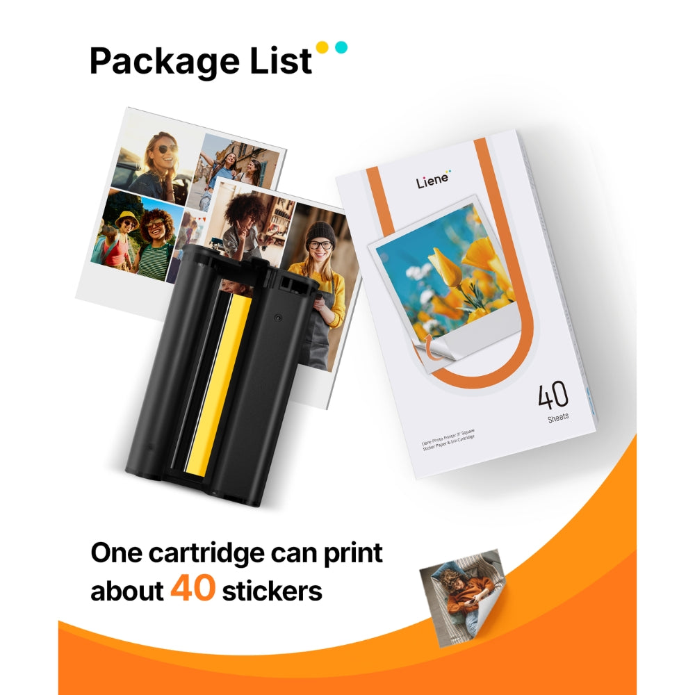 LIENE - Amber - 3x3 Inch Sticky Photo Paper & Ink Cartridge Refill Pack - 40 Sheets & 1 Ink Cartridge