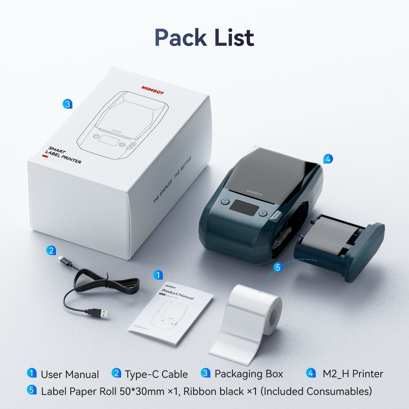 NB589 - Niimbot - M2-H - 300DPI Thermal Transfer Bluetooth Label Printer - Incl Black Ribbon Cartridge & White 50x30mm Label