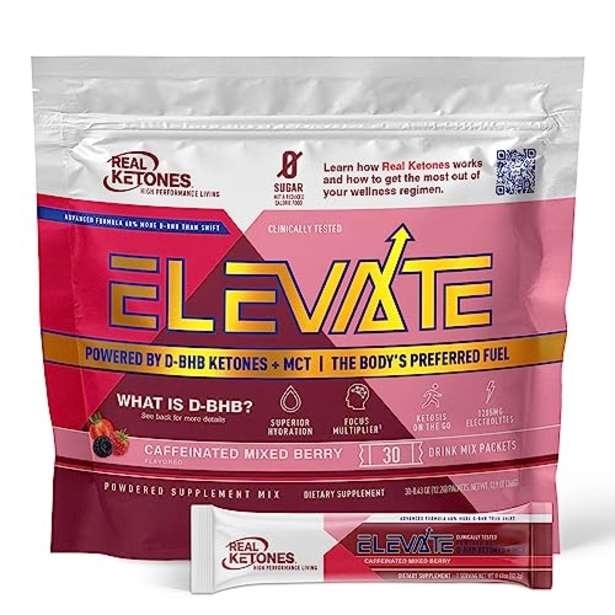 REAL KETONES - ELEVATE - D-BHB & MCT & ELECTROLYTES - 30 STICK PACK GUSSET BAG