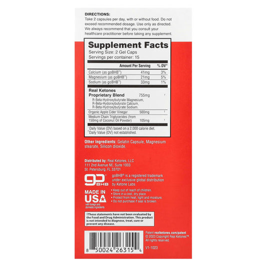 REAL KETONES - APPLE CIDER VINEGAR, D-BHB KETONES & MCT - 30 CAPSULE - 15 SERVINGS