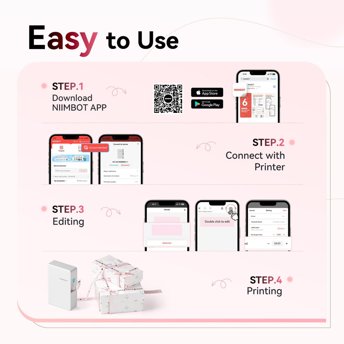 NB624 - NIIMBOT - N1 - BLUETOOTH SATIN RIBBON & LABEL PRINTER KIT INCL BOTH SETS - PINK