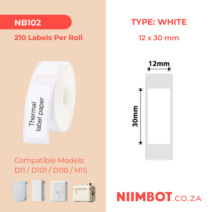 NB102 - NIIMBOT - D11 / D101 / D110 / H1S - 12X30MM - 210  LABELS PER ROLL - WHITE