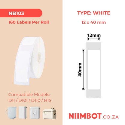 NB103 - NIIMBOT - D11 / D101 / D110 / H1S - T12X40MM - 160 LABELS PER ROLL - WHITE