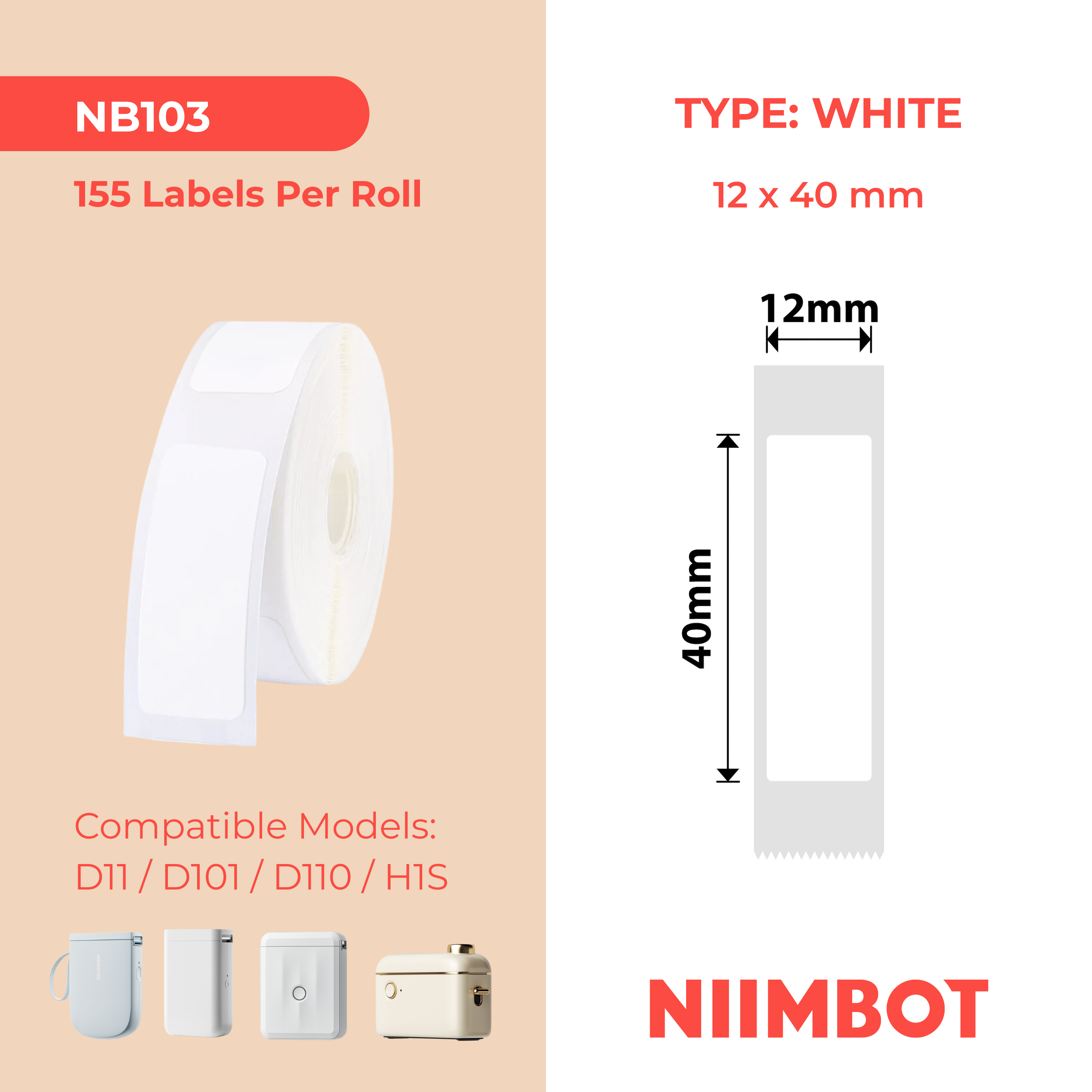 NB103 - Niimbot - D11 / D101 / D110 / H1S - 12x40mm - 155 White Labels