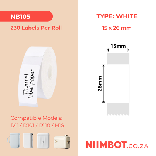NB105 - NIIMBOT - D11 / D101 / D110 / H1S - 15X26MM - 230 LABELS PER ROLL - WHITE
