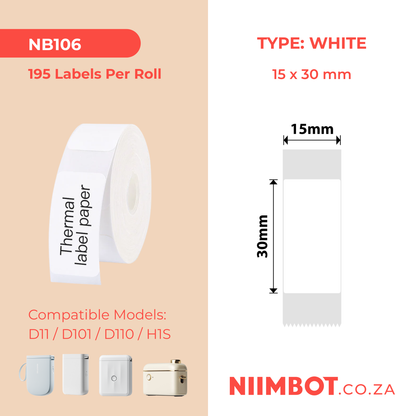 NB106 - NIIMBOT - D11 / D101 / D110 / H1S - 15X30MM - 195 LABELS PER ROLL - WHITE