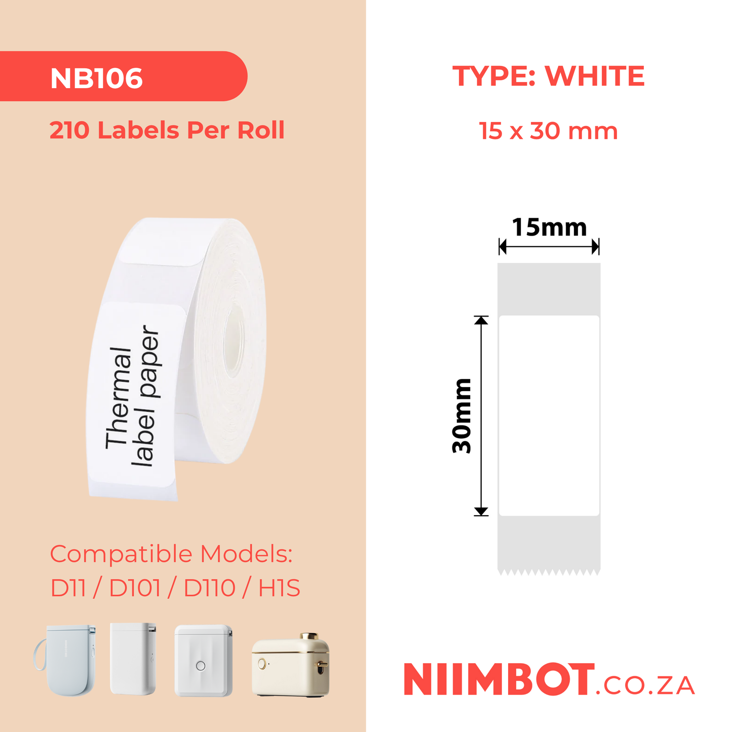 NB106 - NIIMBOT - D11 / D101 / D110 / H1S - 15X30MM - 210  LABELS PER ROLL - WHITE