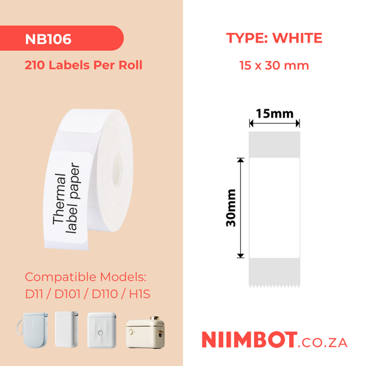 NB106 - NIIMBOT - D11 / D101 / D110 / H1S - 15X30MM - 210  LABELS PER ROLL - WHITE