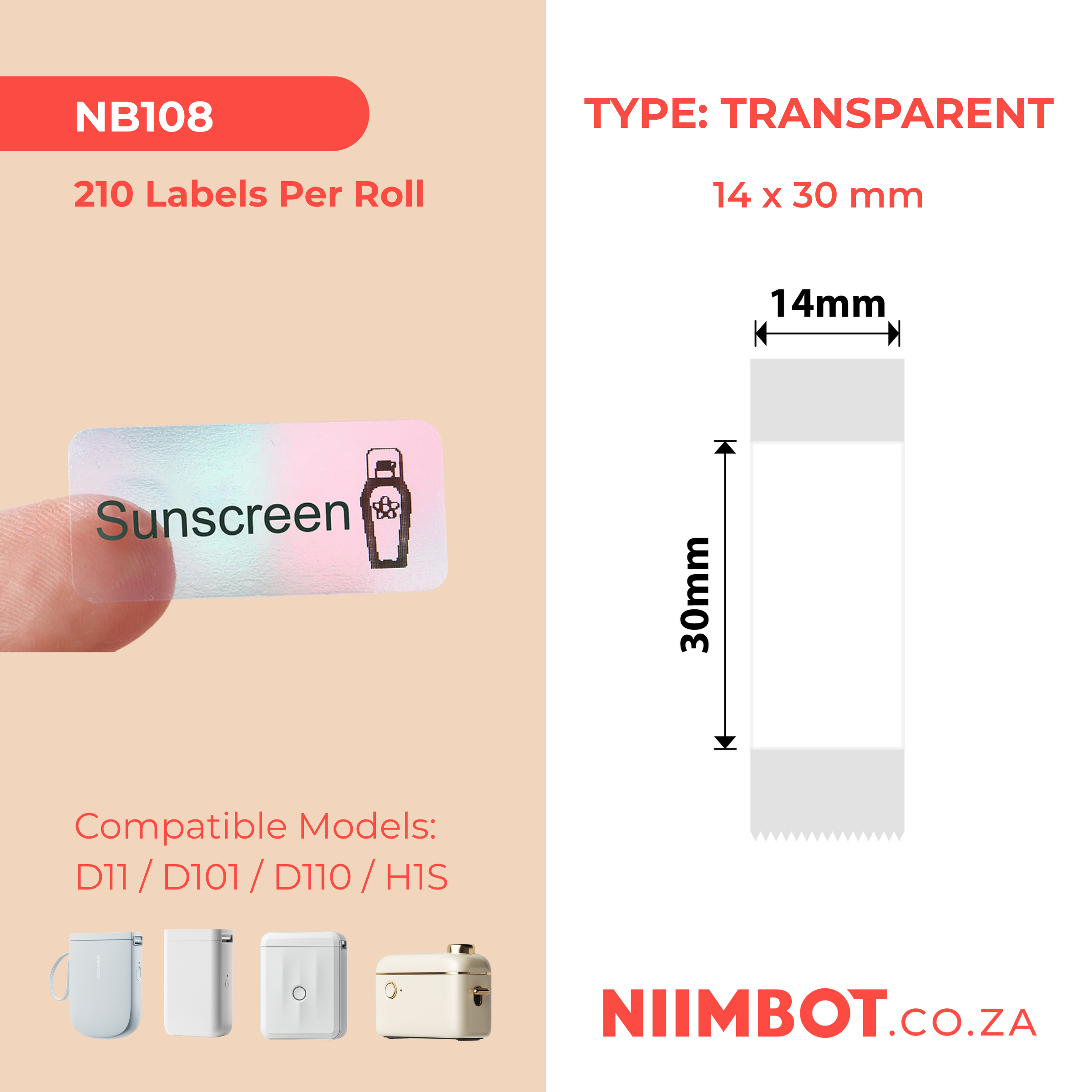 NB108 - NIIMBOT - D11 / D101 / D110 / H1S - 14X30MM - 210 LABELS PER ROLL - TRANSPARENT