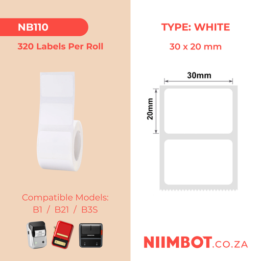 NB110 - NIIMBOT - B1 / B21 / B3S - T30X20MM - 320 LABELS PER ROLL - WHITE