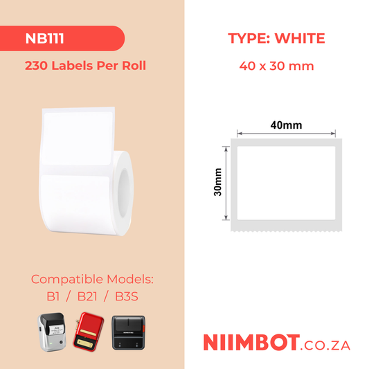 NB111 - NIIMBOT - B1 / B21 / B3S - T40X30MM - 230 LABELS PER ROLL - WHITE