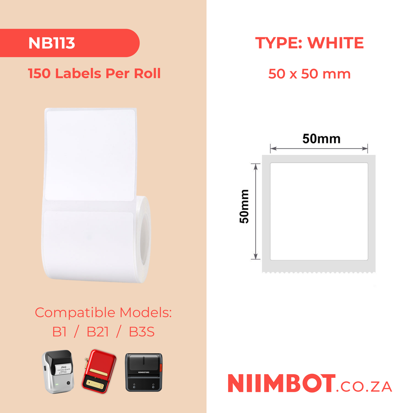 NB113 - NIIMBOT - B1 / B21 / B3S - 50X50MM - 150 LABELS PER ROLL - WHITE