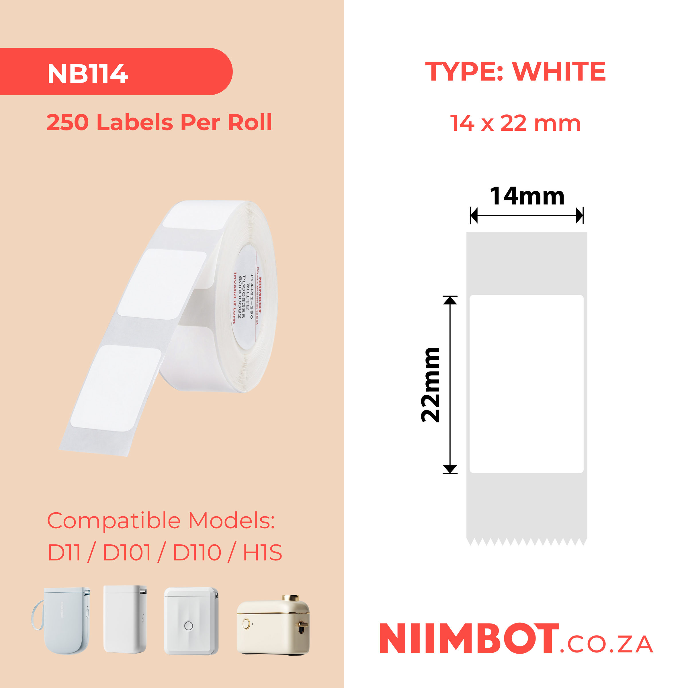 NB114 - NIIMBOT - D11 / D101 / D110 / H1S - 14X22MM - 250 LABELS PER ROLL - RECTANGLE - WHITE