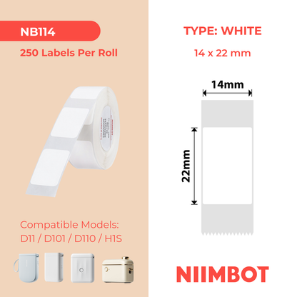 NB114 - NIIMBOT - D11 / D101 / D110 / H1S - 14X22MM - 250 LABELS PER ROLL - RECTANGLE - WHITE
