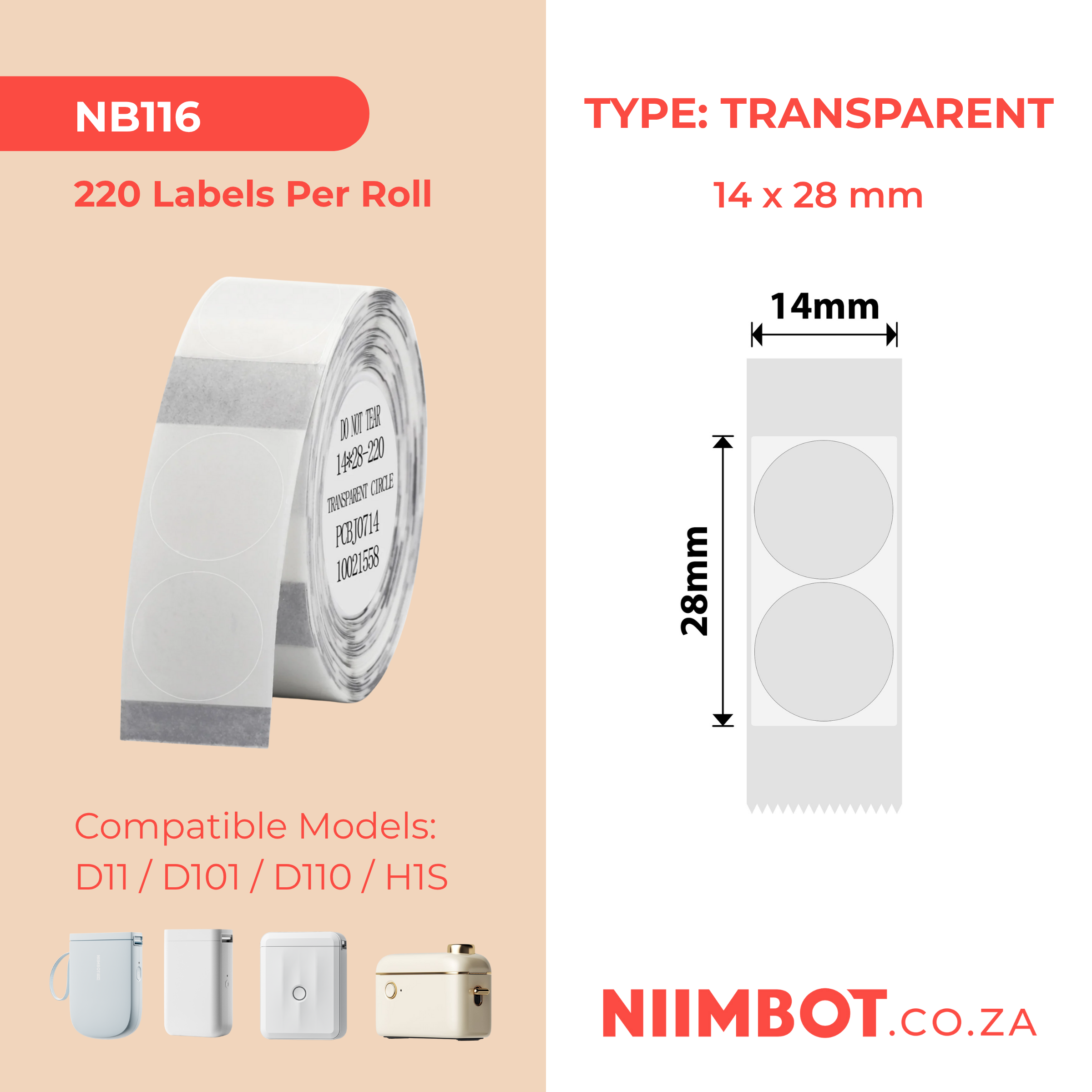 NB116 - NIIMBOT - D11 / D101 / D110 / H1S - 14X28MM - 220 LABELS PER ROLL - ROUND - TRANSPARENT