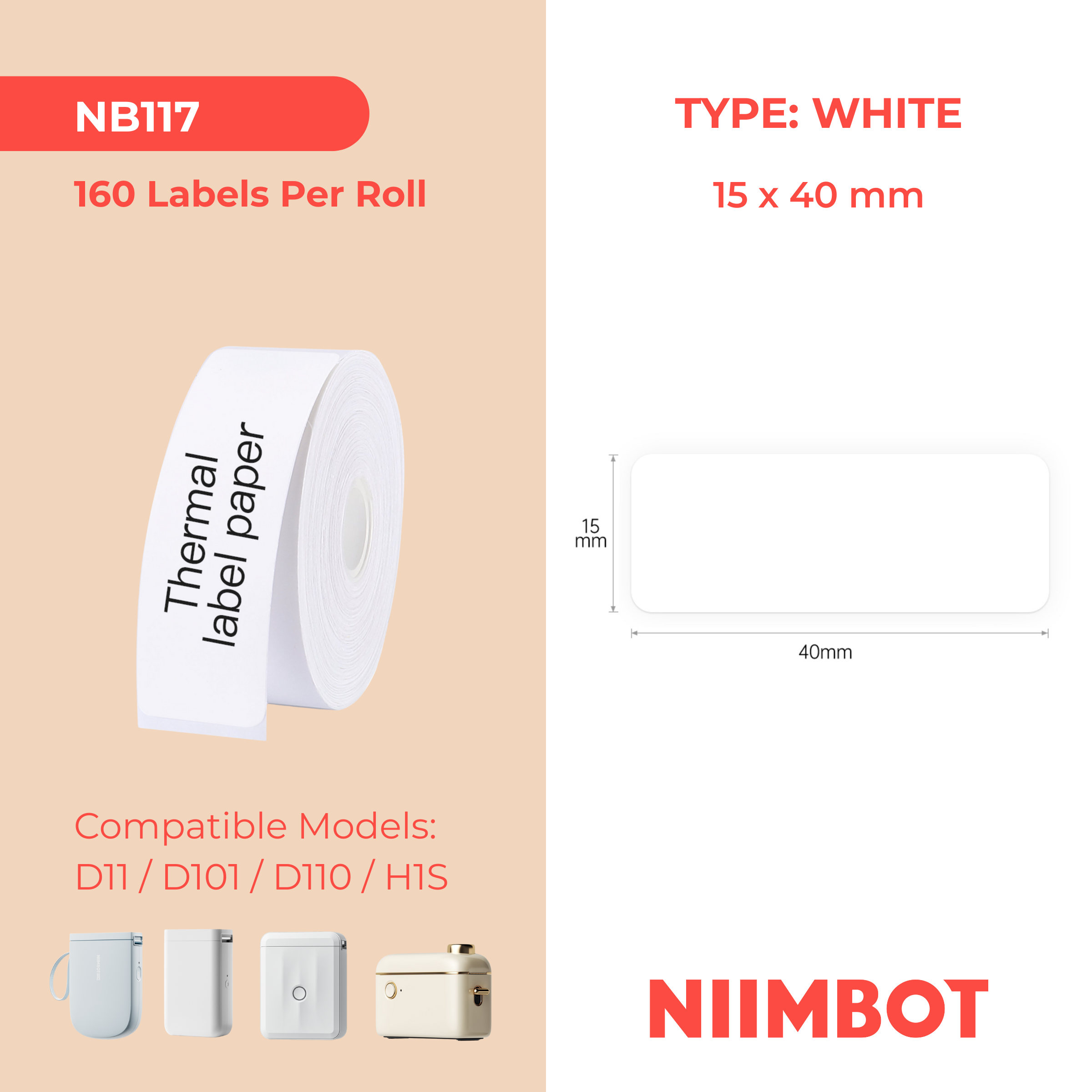 NB117 - NIIMBOT - D11 / D101 / D110 / H1S - 15X40MM  - 160 LABELS PER ROLL - WHITE