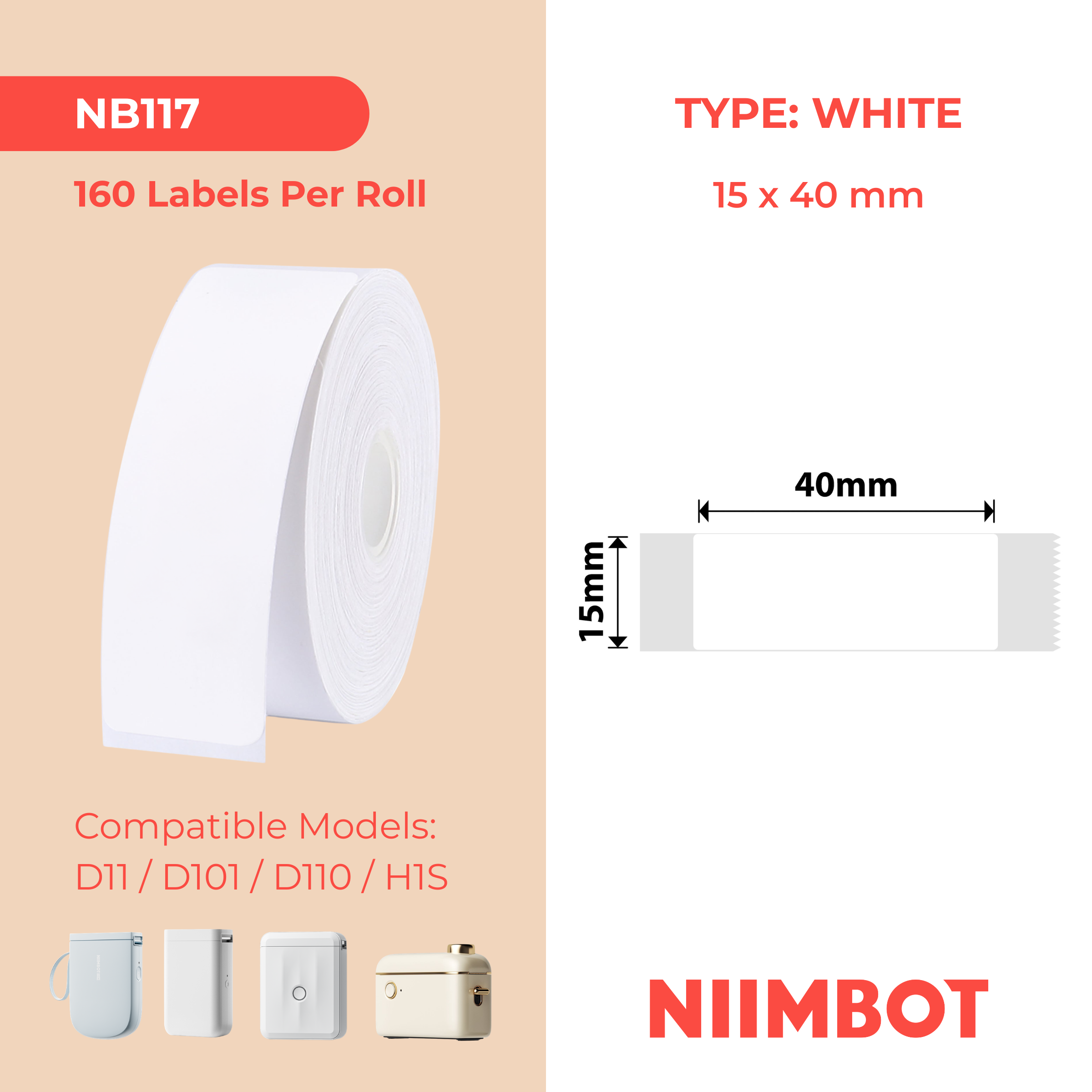 NB117 - Niimbot - D11 / D101 / D110 / H1S - 15x40mm - 155 White Labels