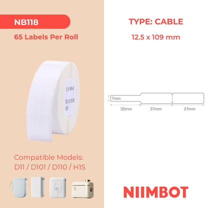 NB118 - NIIMBOT - D11 / D101 / D110 / H1S - RXL 12.5X109MM  - 65 LABELS PER ROLL - CABLE - WHITE
