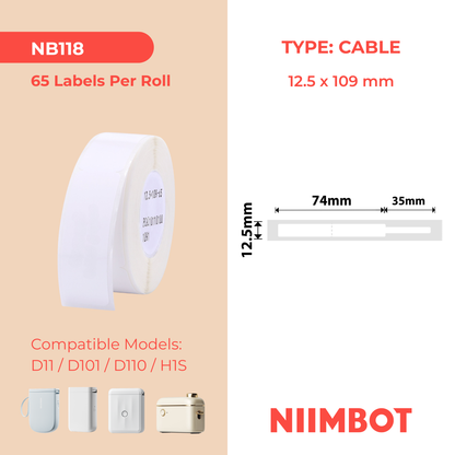 NB118 - Niimbot - D11 / D101 / D110 / H1S - 12.5x109mm - 60 White Cable Labels