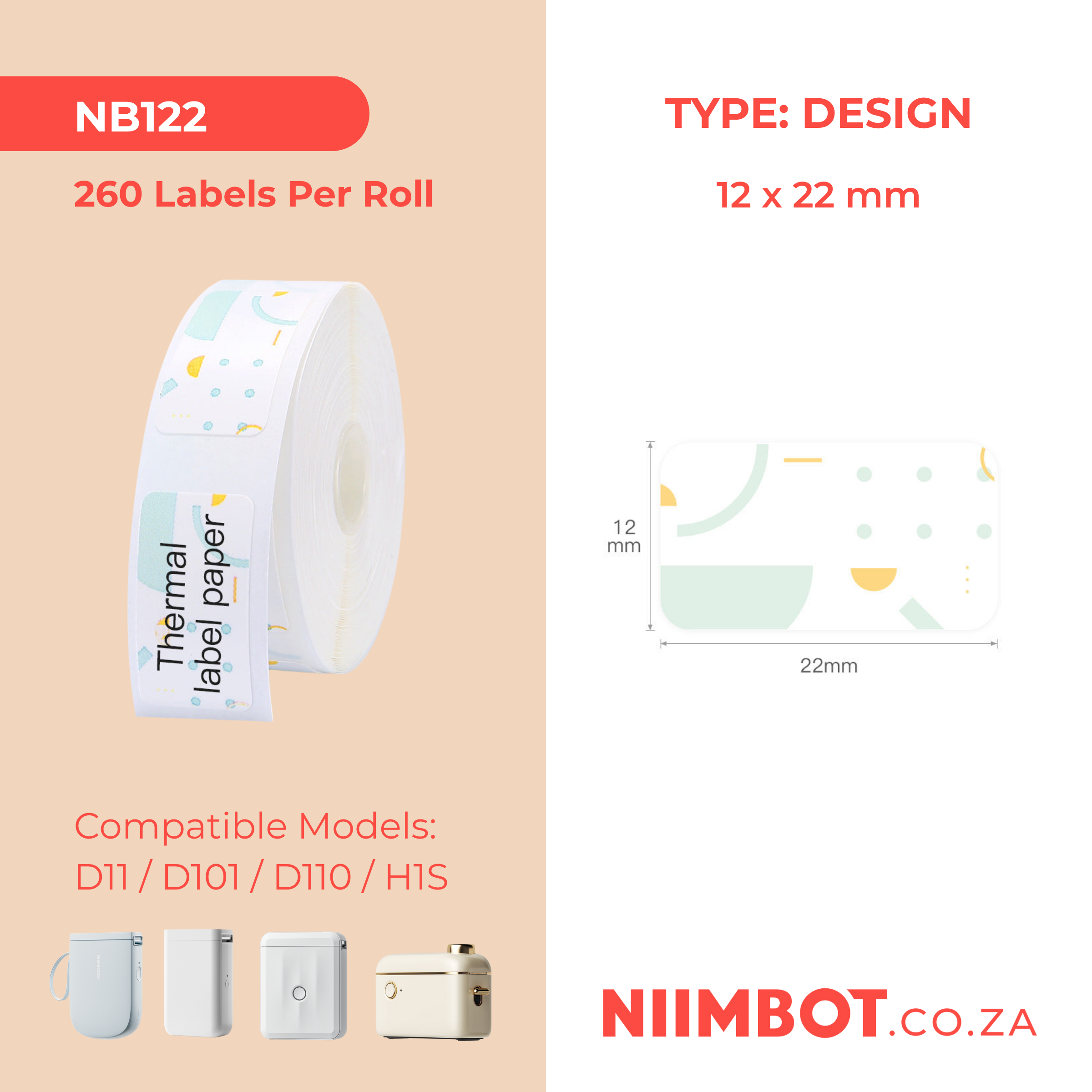 NB122 - NIIMBOT - D11 / D101 / D110 / H1S - 12X22MM - 260 THERMAL LABELS - POLKA DOTS DESIGN