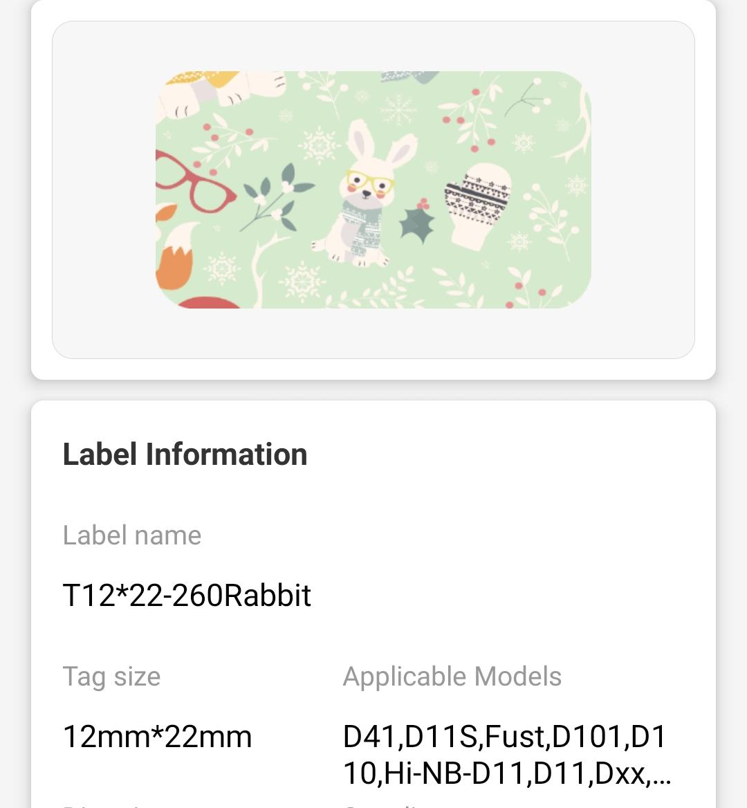 NB123 - NIIMBOT - D11 / D101 / D110 - 12*22MM - 260 THERMAL LABELS - RABBIT GREEN DESIGN