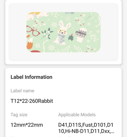 NB123 - NIIMBOT - D11 / D101 / D110 / H1S - 12X22MM - 260 THERMAL LABELS - RABBIT GREEN DESIGN
