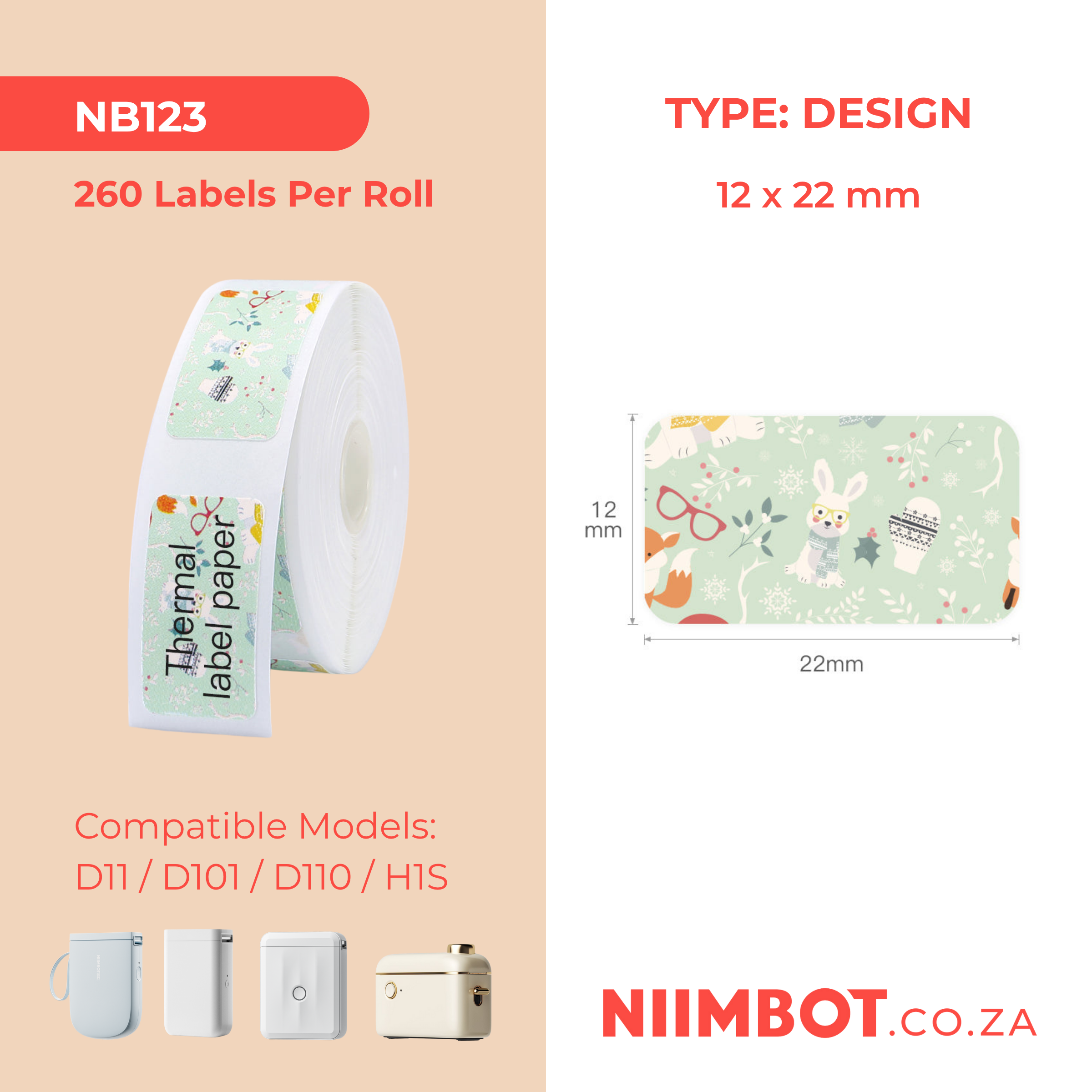 NB123 - NIIMBOT - D11 / D101 / D110 / H1S - 12X22MM - 260 THERMAL LABELS - RABBIT GREEN DESIGN