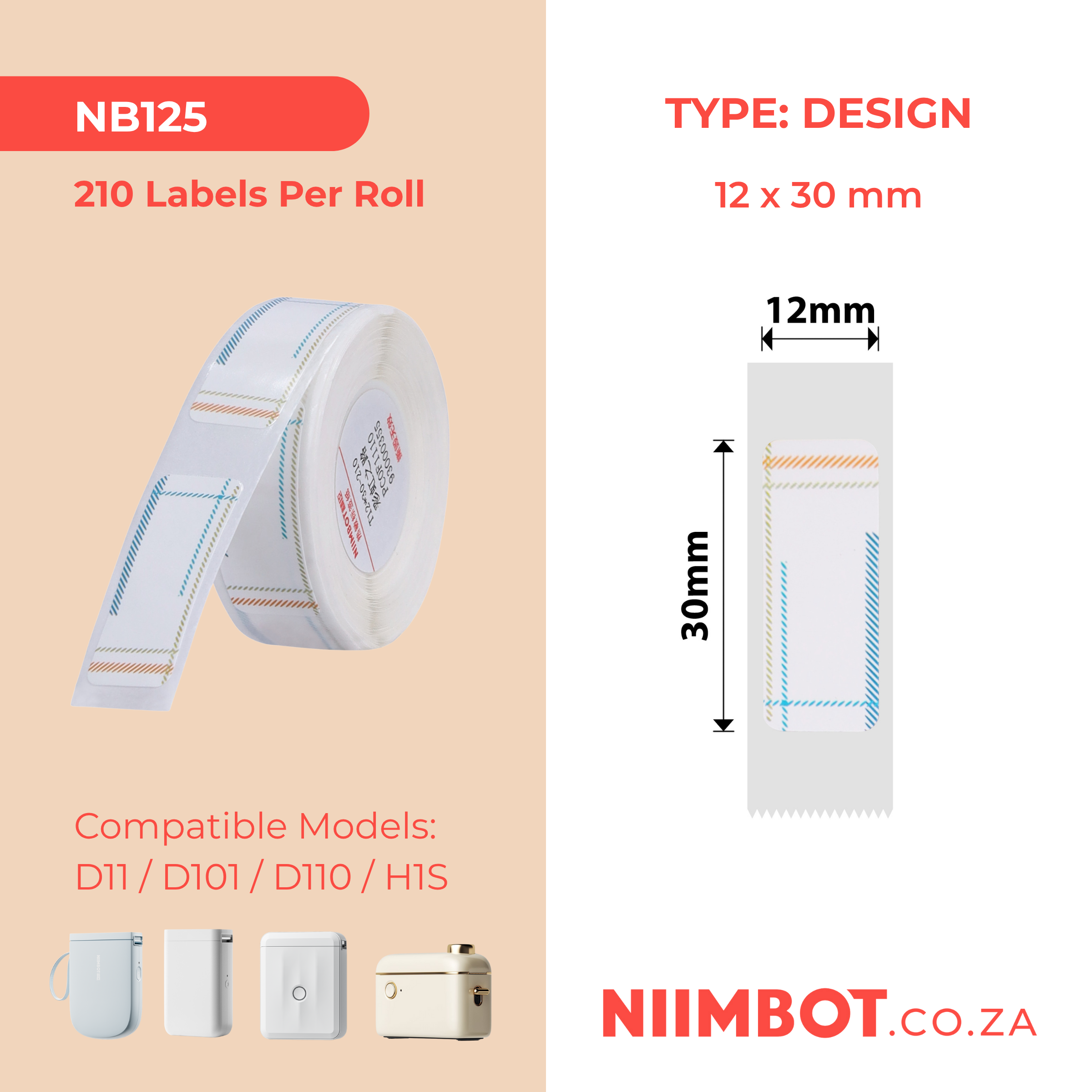 NB125 - NIIMBOT - D11 / D101 / D110 / H1S - RP12X30MM - 210 LABELS PER ROLL - RAINBOWS DESIGN
