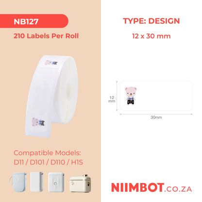 NB127 - NIIMBOT - D11 / D101 / D110 / H1S - 12X30MM - 210 THERMAL LABELS - BABY BEAR DESIGN