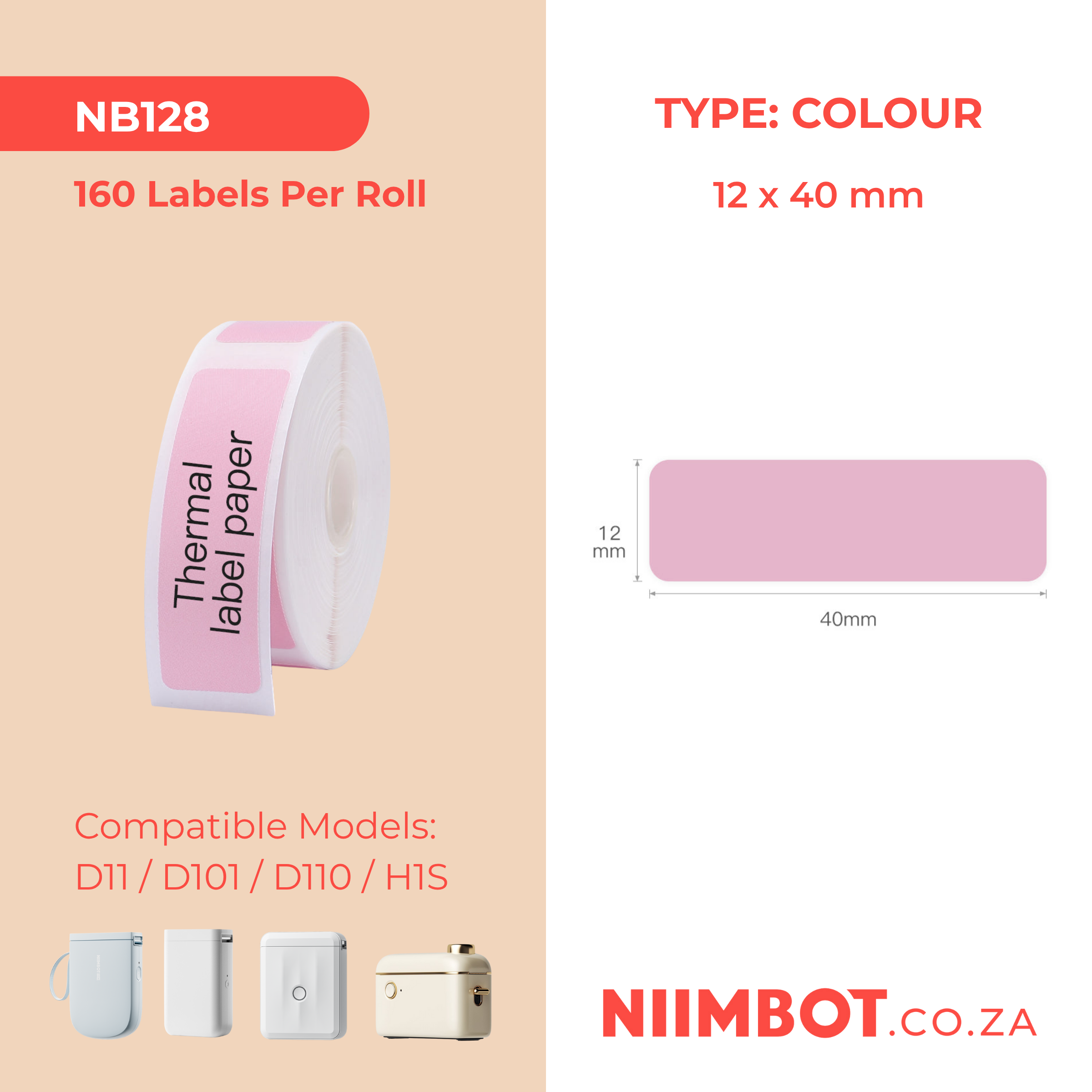 NB128 - NIIMBOT - D11 / D101 / D110 / H1S - 12X40MM - 160 THERMAL LABELS - SOLID PINK