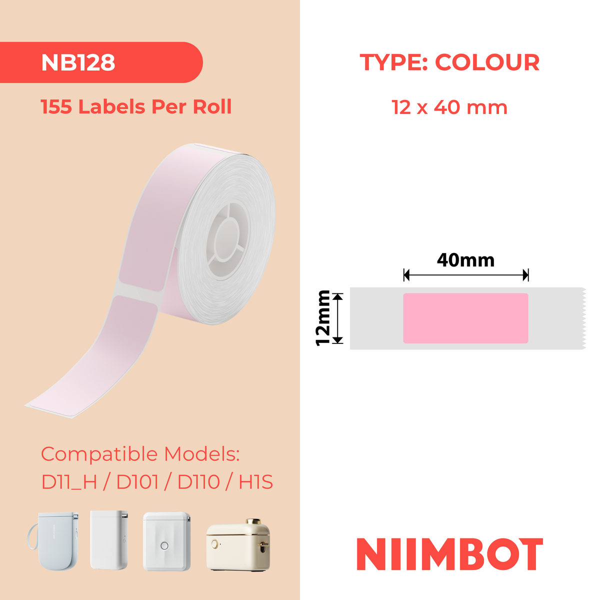 NIIMBOT - D Range - 12x40mm - Pink - 155 Labels