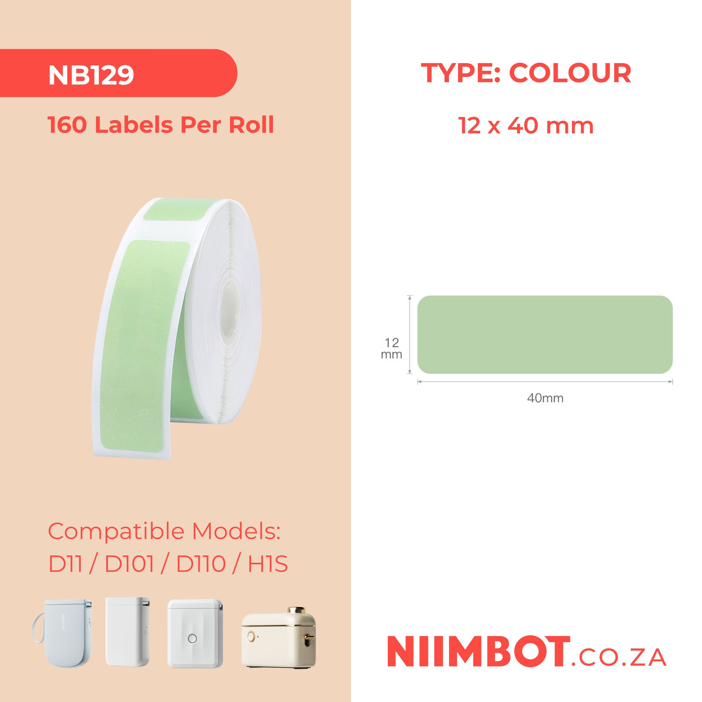NB129 - NIIMBOT - D11 / D101 / D110 / H1S - 12X40MM - 160 THERMAL LABELS - SOLID GREEN