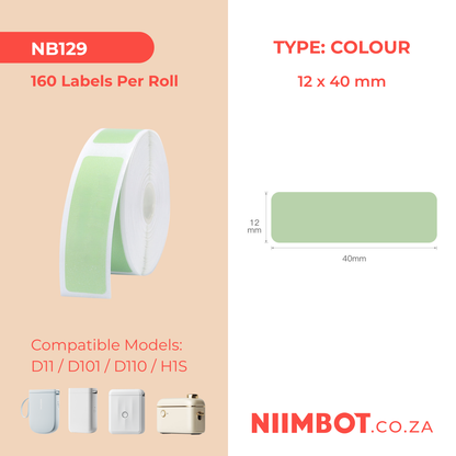 NB129 - NIIMBOT - D11 / D101 / D110 / H1S - 12X40MM - 160 THERMAL LABELS - SOLID GREEN