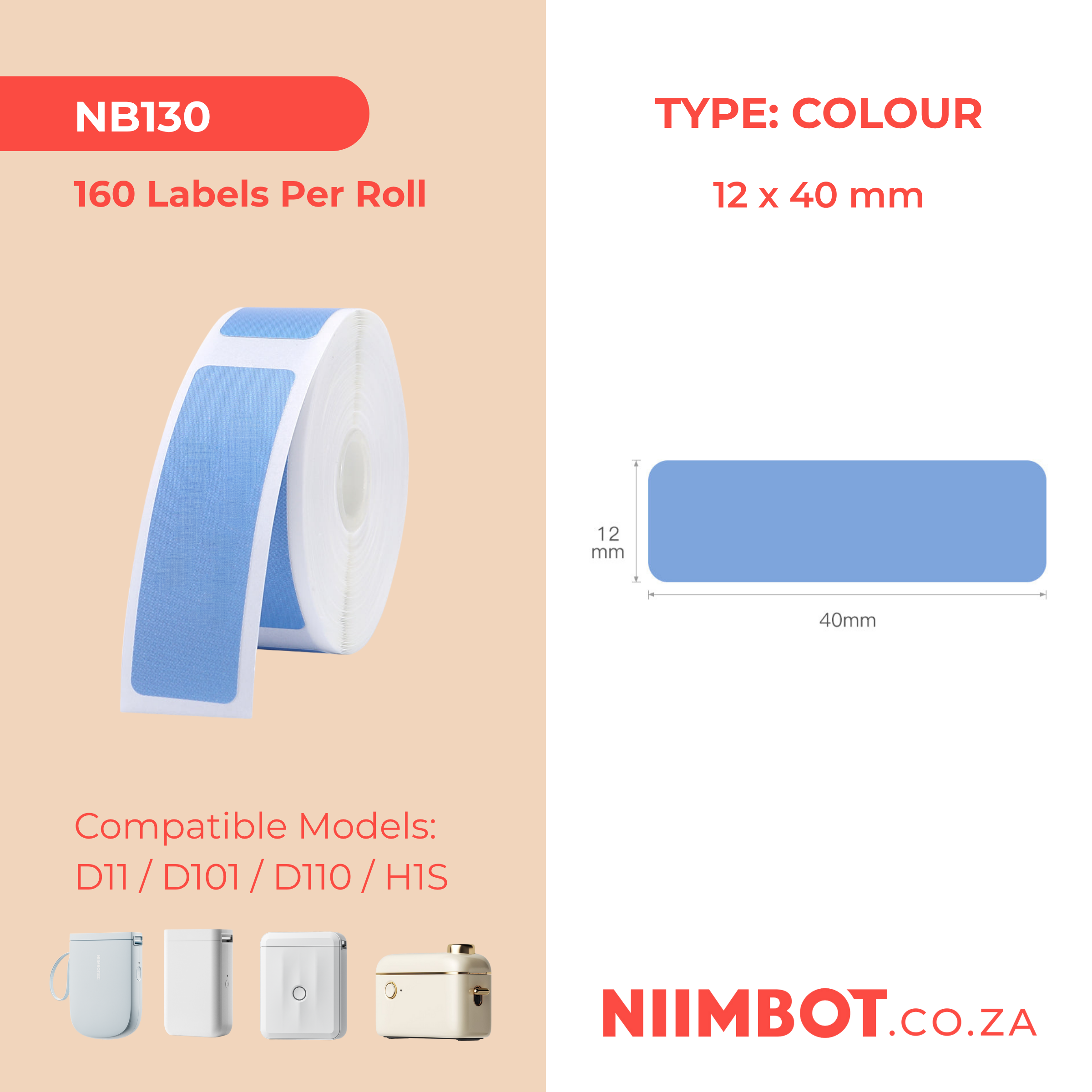 NB130 - NIIMBOT - D11 / D101 / D110 / H1S - 12X40MM - 160 THERMAL LABELS - SOLID BLUE