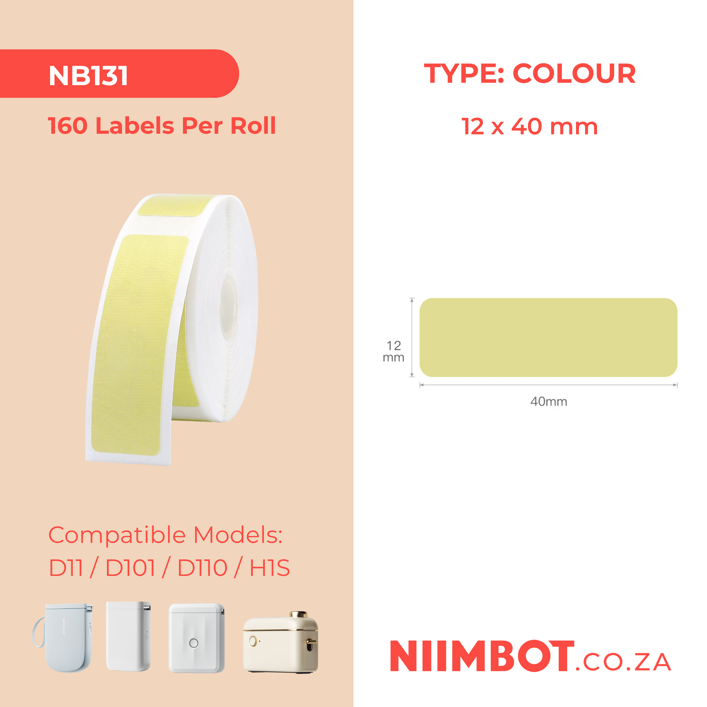 NB131 - NIIMBOT - D11 / D101 / D110 / H1S - 12X40MM - 160 THERMAL LABELS - SOLD DARK YELLOW