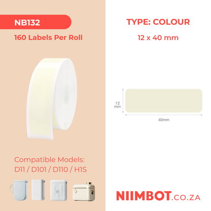 NB132 - NIIMBOT - D11 / D101 / D110 / H1S - 12X40MM - 160 THERMAL LABELS - SOLID LIGHT YELLOW