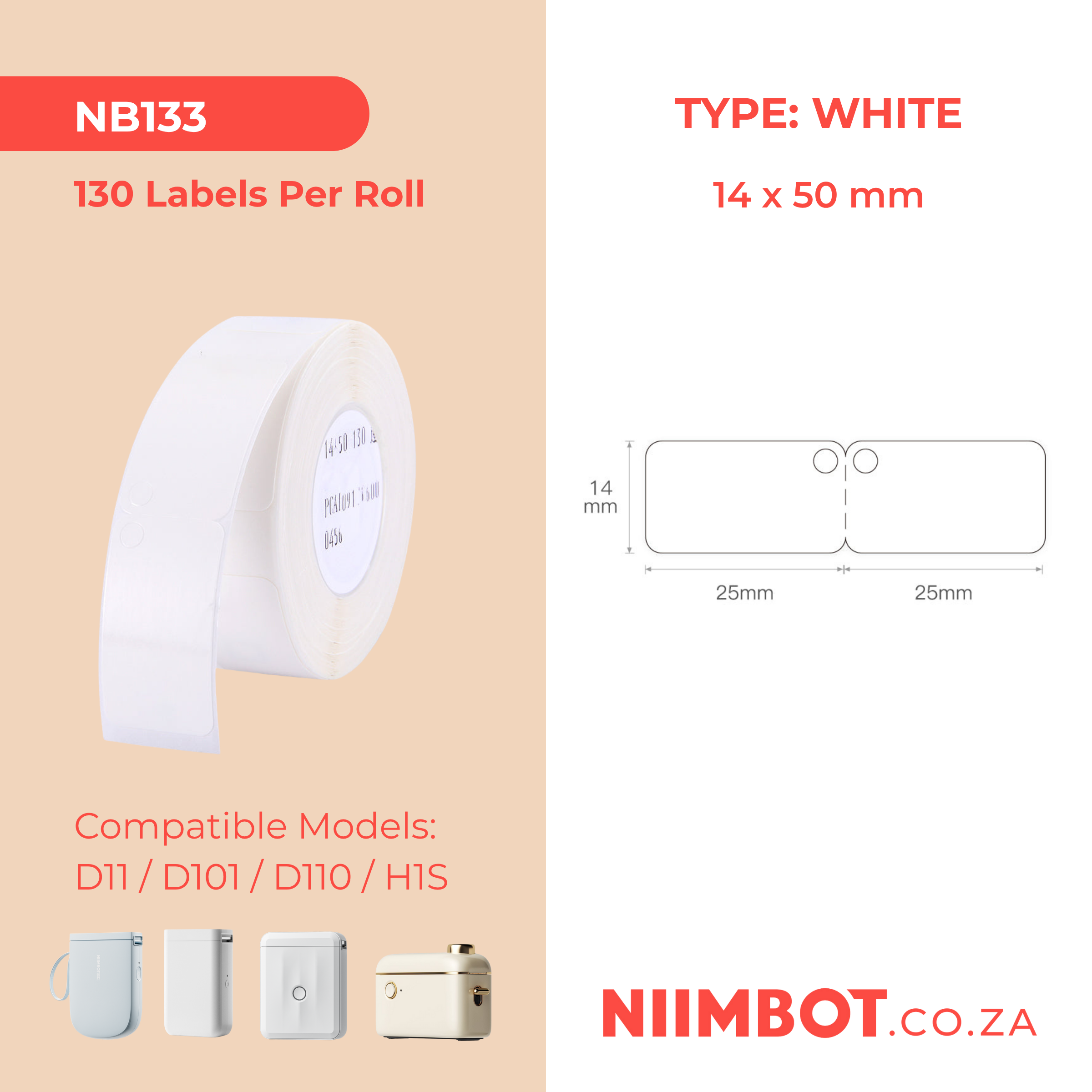 NB133 - NIIMBOT - D11 / D101 / D110 / H1S - 14X50MM FOLD - 130 LABELS PER ROLL - WHITE JEWELLERY TAG
