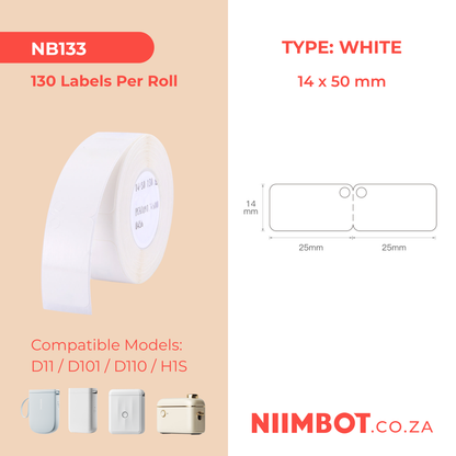 NB133 - NIIMBOT - D11 / D101 / D110 / H1S - 14X50MM FOLD - 130 LABELS PER ROLL - WHITE JEWELLERY TAG